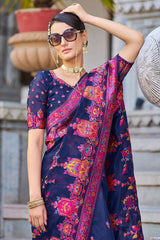 Adorable Navy Blue Pashmina saree With Extraordinary Blouse Piece - Colorful Saree