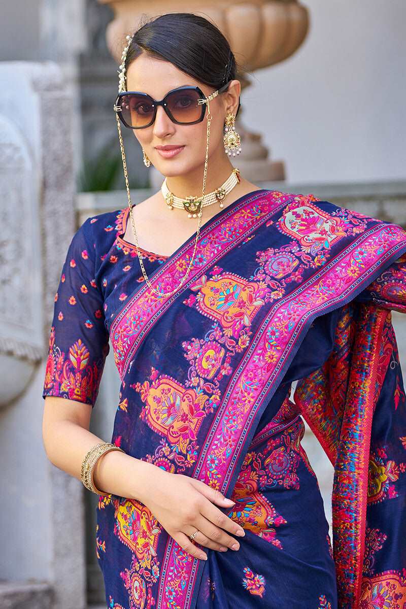 Adorable Navy Blue Pashmina saree With Extraordinary Blouse Piece - Colorful Saree
