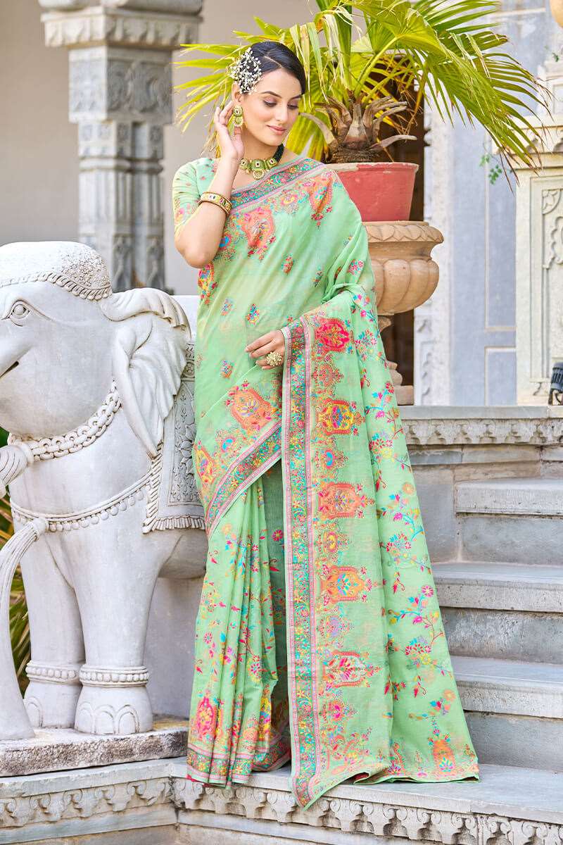 Arresting Pista Pashmina saree With Gleaming Blouse Piece - Colorful Saree