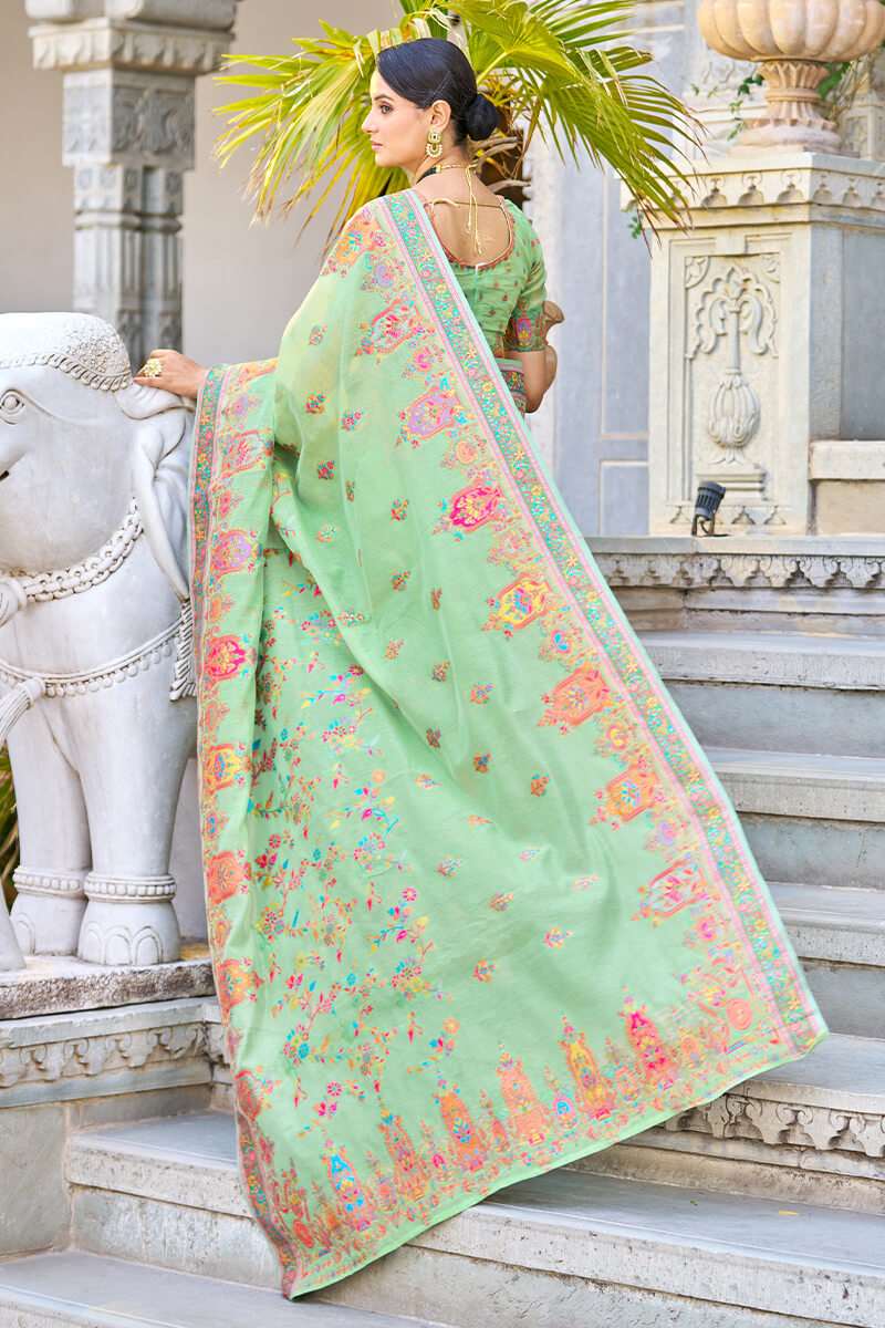 Arresting Pista Pashmina saree With Gleaming Blouse Piece - Colorful Saree