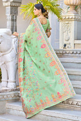 Arresting Pista Pashmina saree With Gleaming Blouse Piece - Colorful Saree