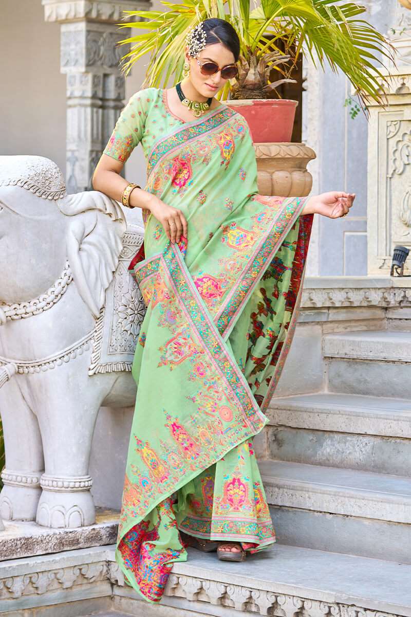 Arresting Pista Pashmina saree With Gleaming Blouse Piece - Colorful Saree