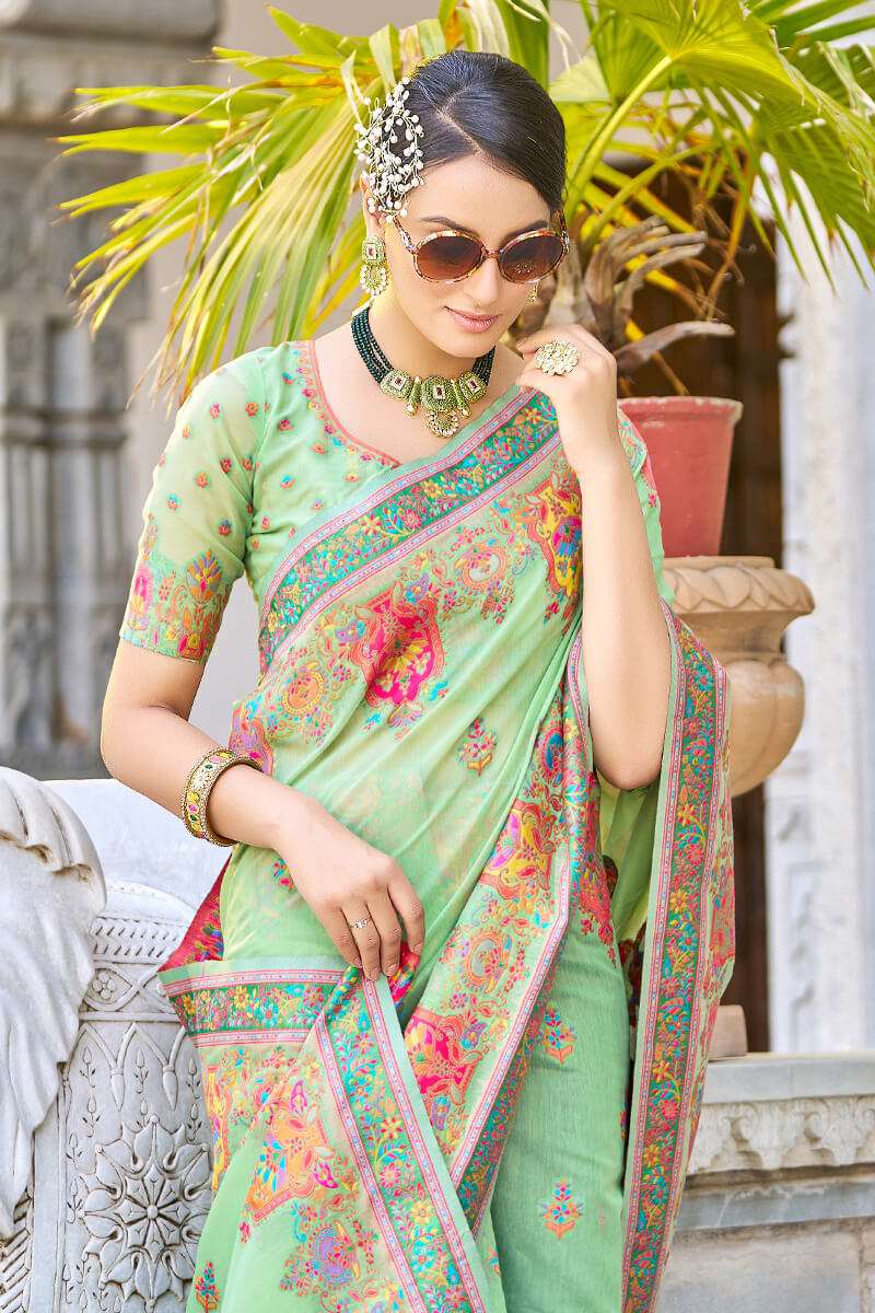 Arresting Pista Pashmina saree With Gleaming Blouse Piece - Colorful Saree