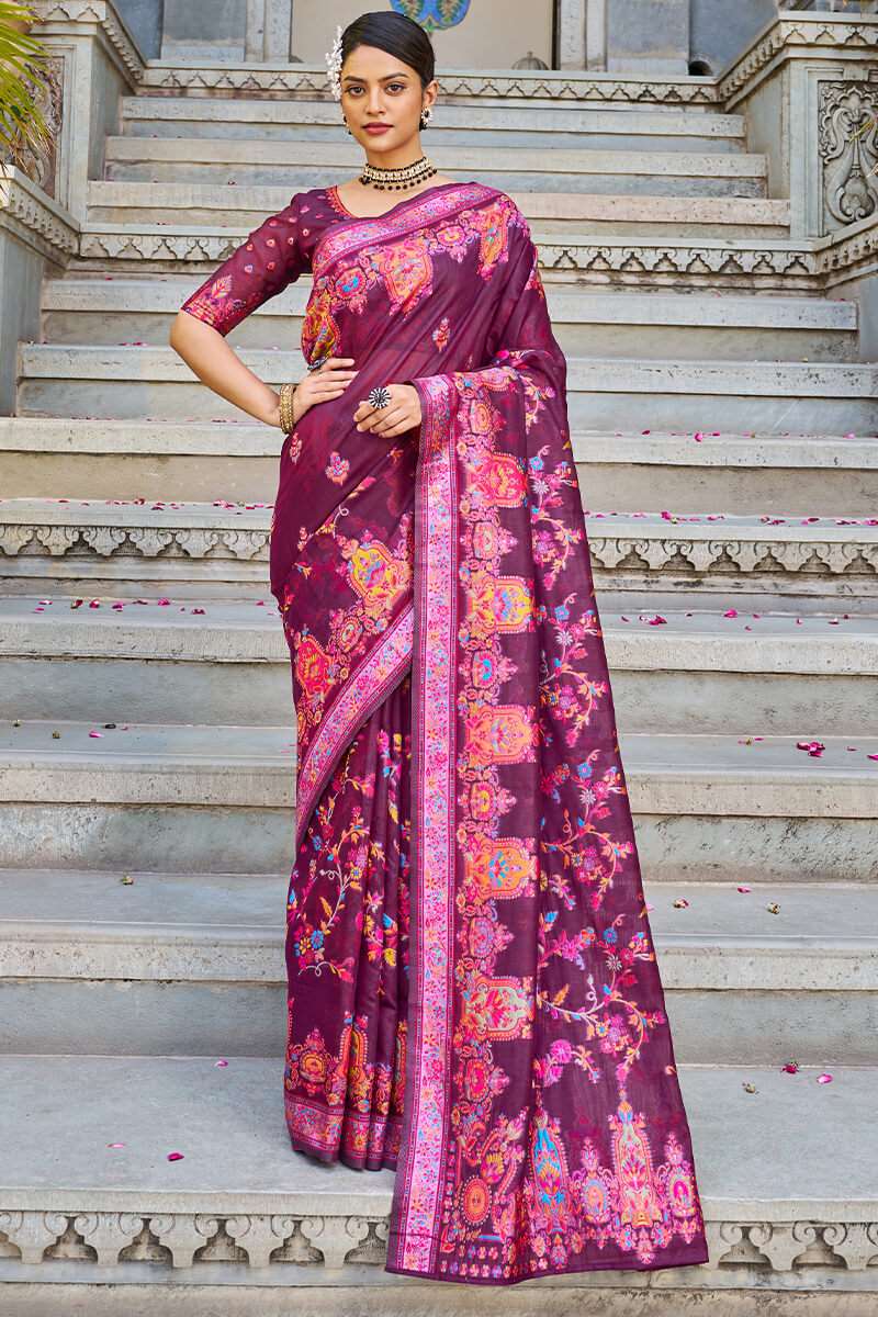 Amazing Wine Pashmina saree With Capricious Blouse Piece - Colorful Saree