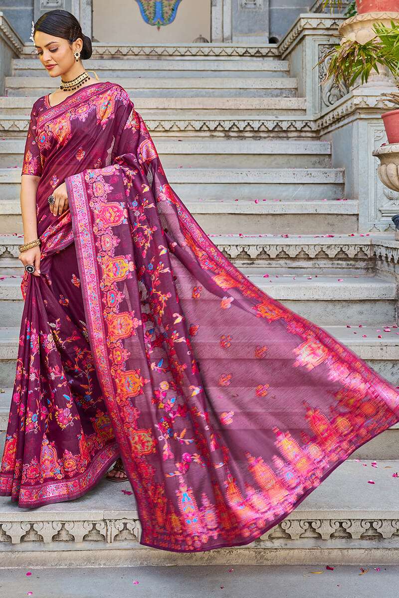 Amazing Wine Pashmina saree With Capricious Blouse Piece - Colorful Saree