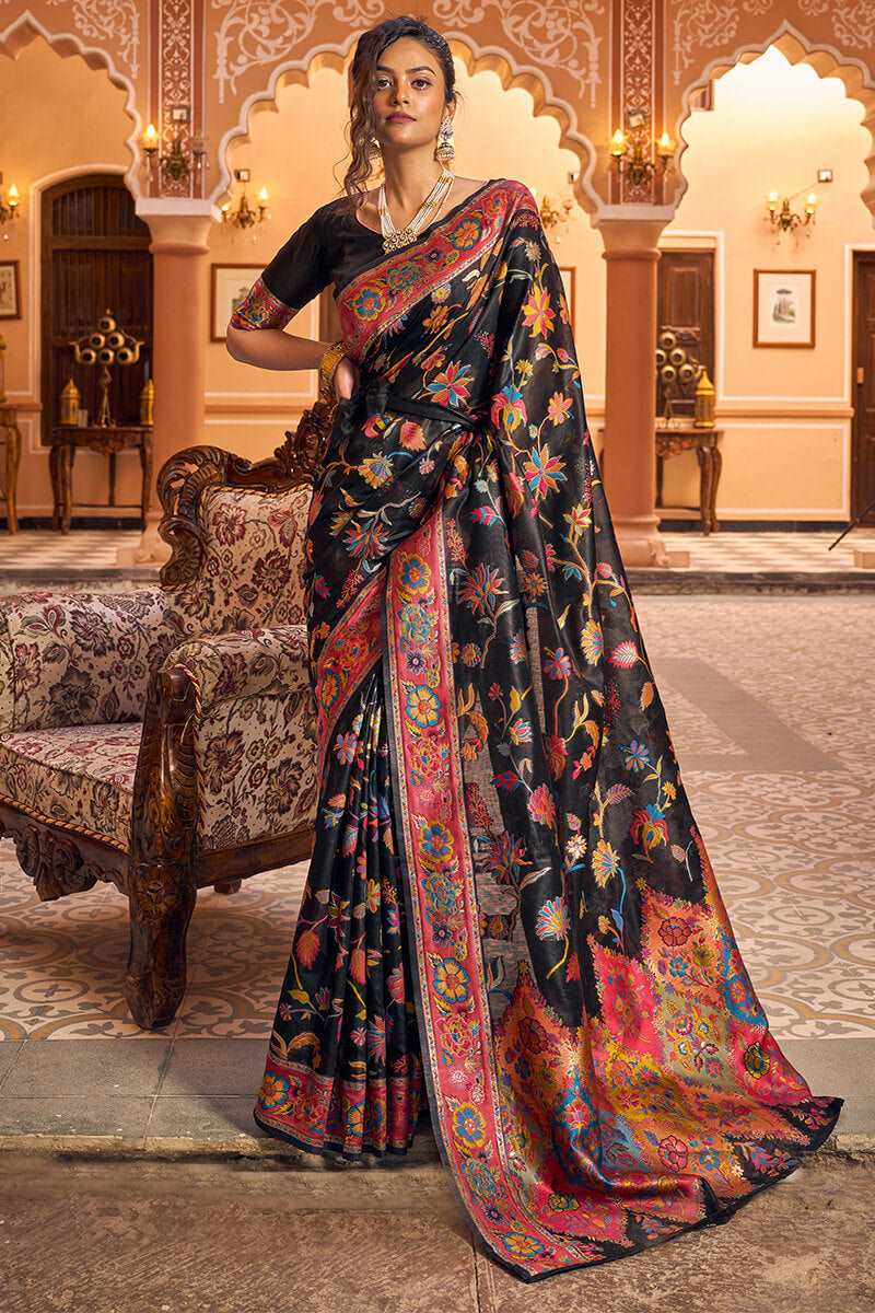 Amazing Black Linen Silk Saree With Trendy Blouse Piece - Colorful Saree