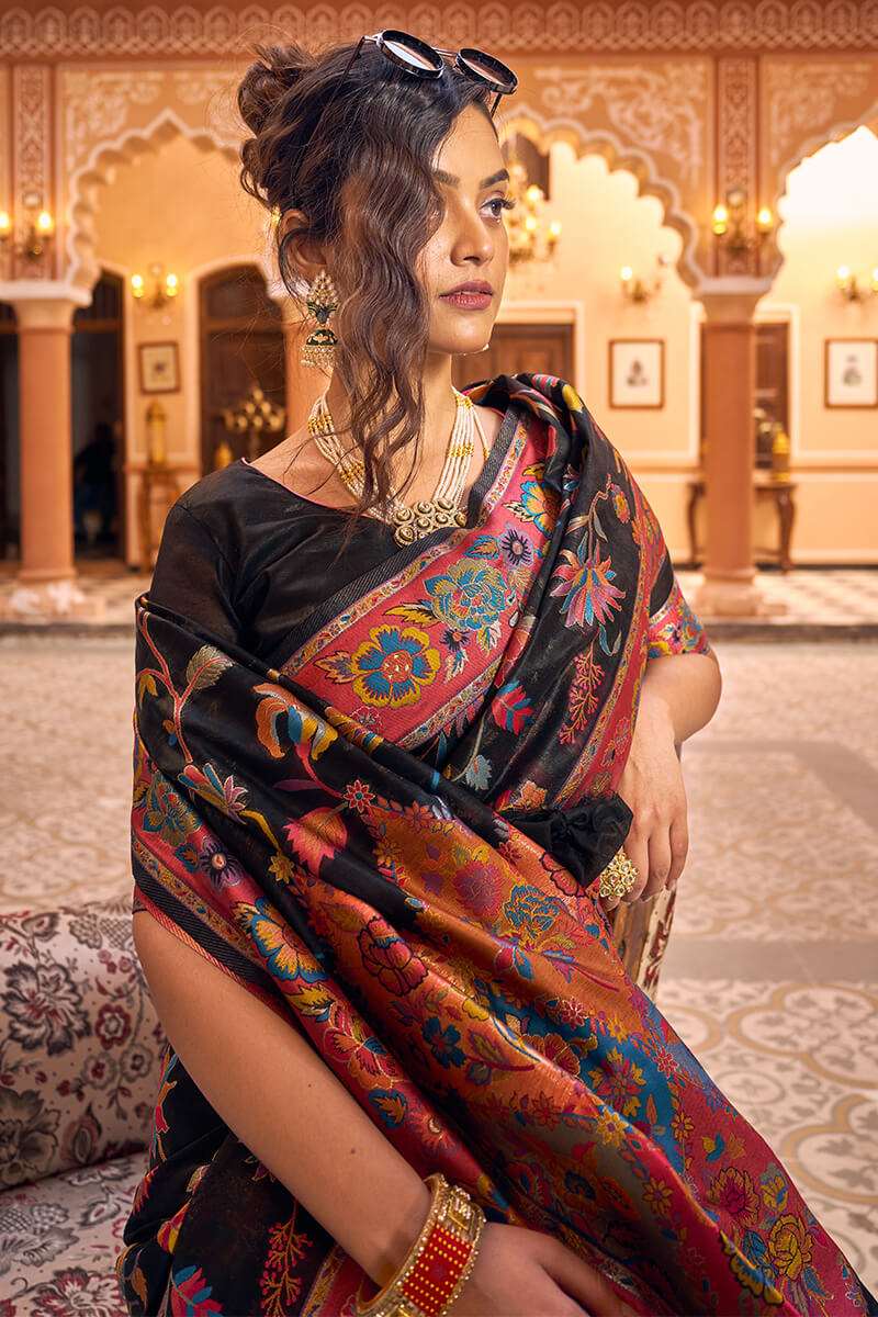 Amazing Black Linen Silk Saree With Trendy Blouse Piece - Colorful Saree