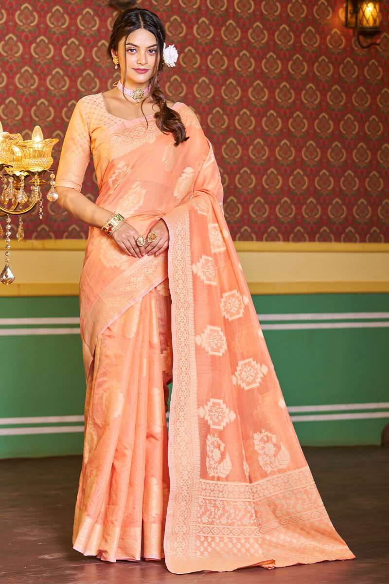 Assemblage Orange Linen Silk Saree With Beleaguer Blouse Piece - Colorful Saree