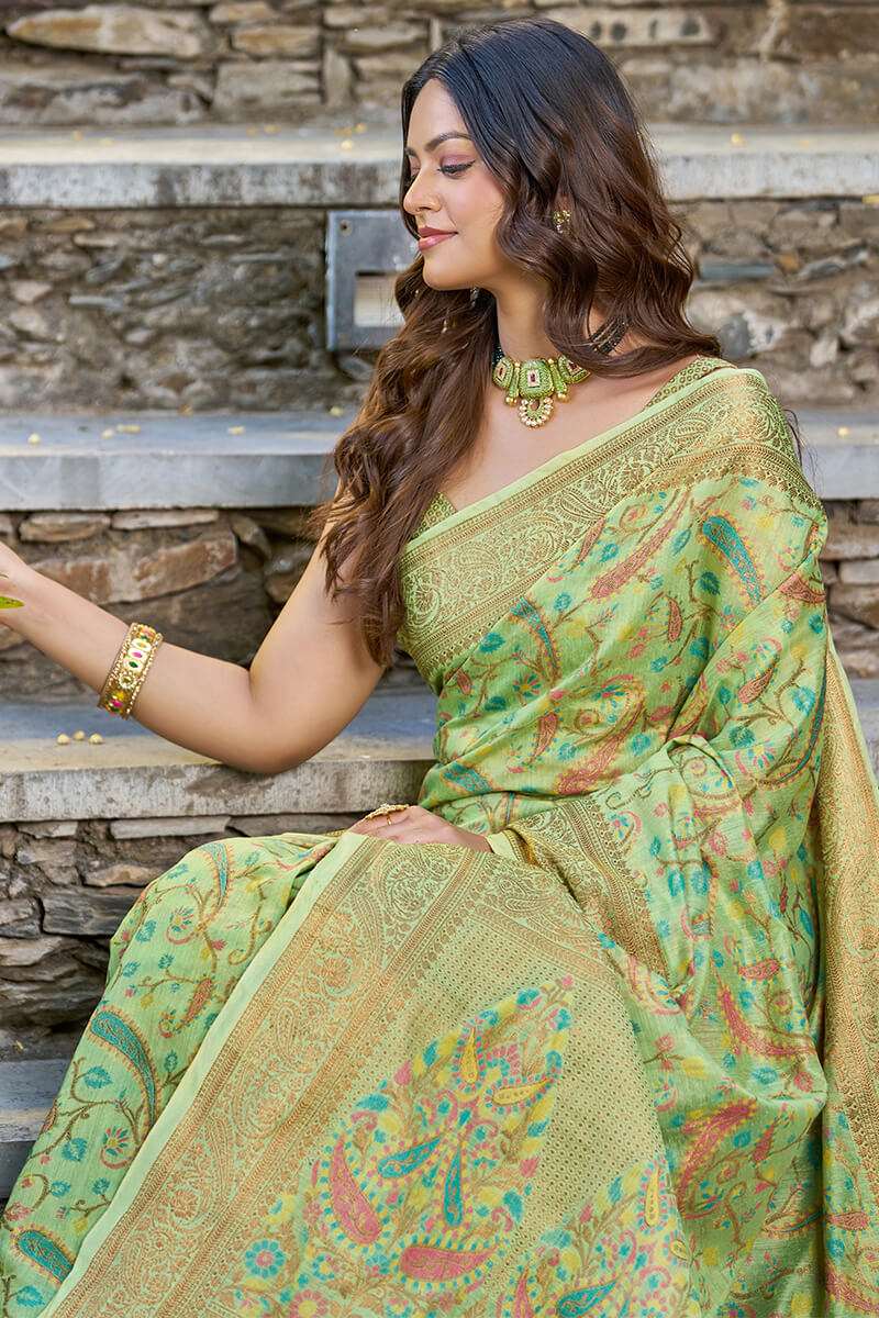 Adoring Pista Pashmina saree With Gratifying Blouse Piece - Colorful Saree