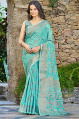 Beauteous Turquoise Pashmina saree With Woebegone Blouse Piece - Colorful Saree