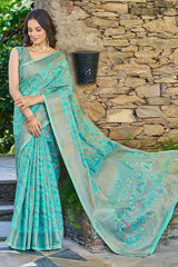 Beauteous Turquoise Pashmina saree With Woebegone Blouse Piece - Colorful Saree