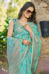 Beauteous Turquoise Pashmina saree With Woebegone Blouse Piece - Colorful Saree