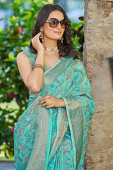 Beauteous Turquoise Pashmina saree With Woebegone Blouse Piece - Colorful Saree