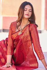 Adorable Maroon Banarasi Silk Saree With Hypnotic Blouse Piece - Colorful Saree