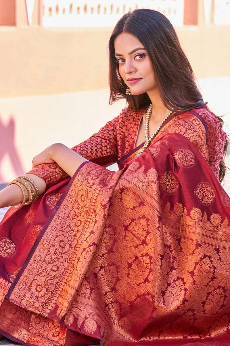 Adorable Maroon Banarasi Silk Saree With Hypnotic Blouse Piece - Colorful Saree