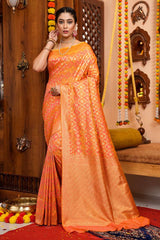 Attractive Orange Kanjivaram Silk With Woebegone Blouse Piece - Colorful Saree
