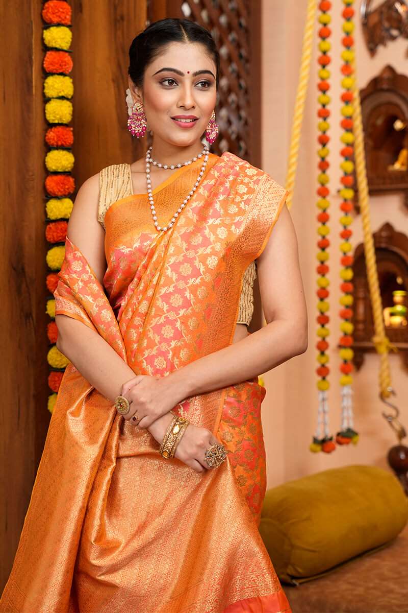 Attractive Orange Kanjivaram Silk With Woebegone Blouse Piece - Colorful Saree