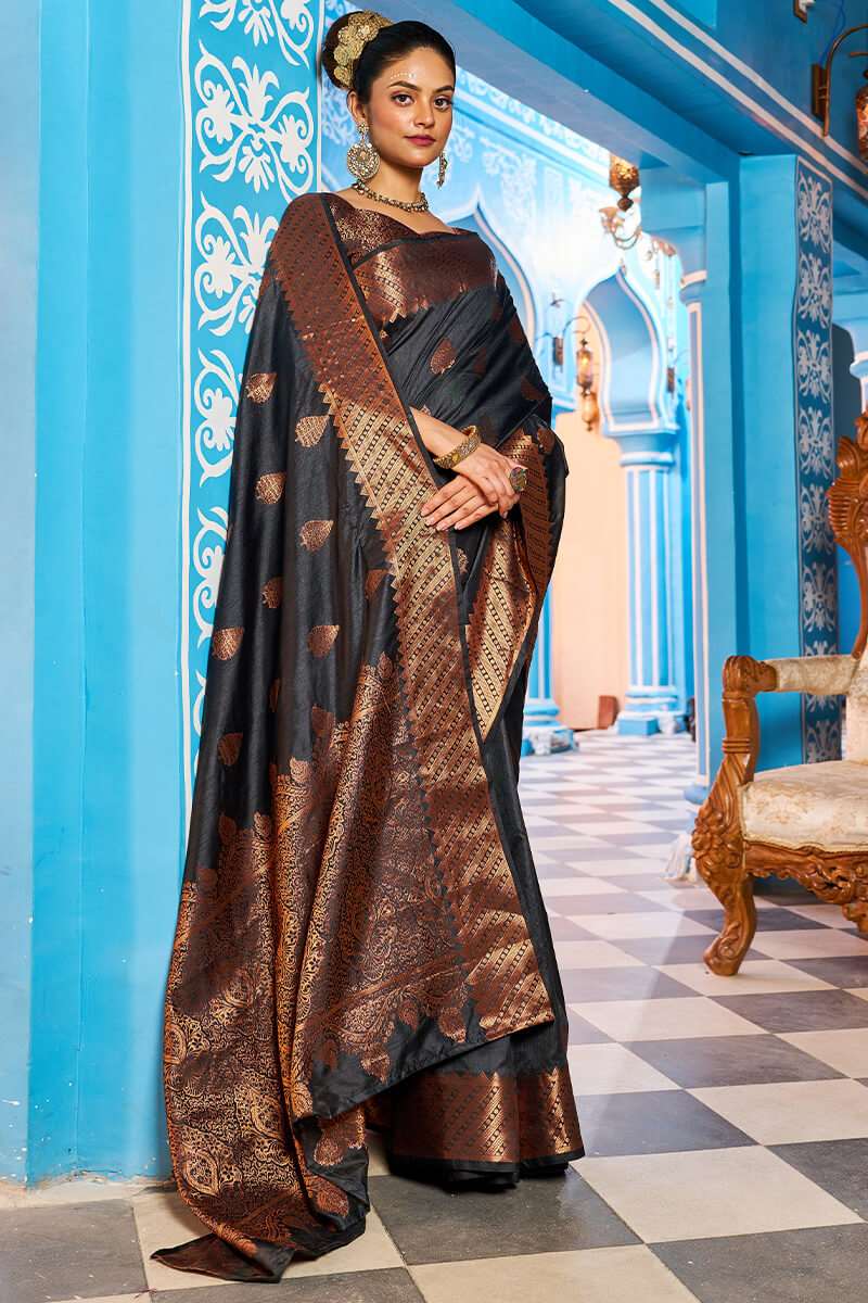 Appealing Black Banarasi Silk Saree With Desiring Blouse Piece - Colorful Saree