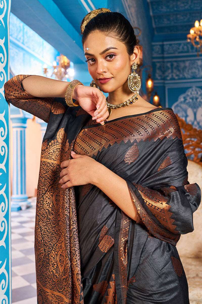 Appealing Black Banarasi Silk Saree With Desiring Blouse Piece - Colorful Saree