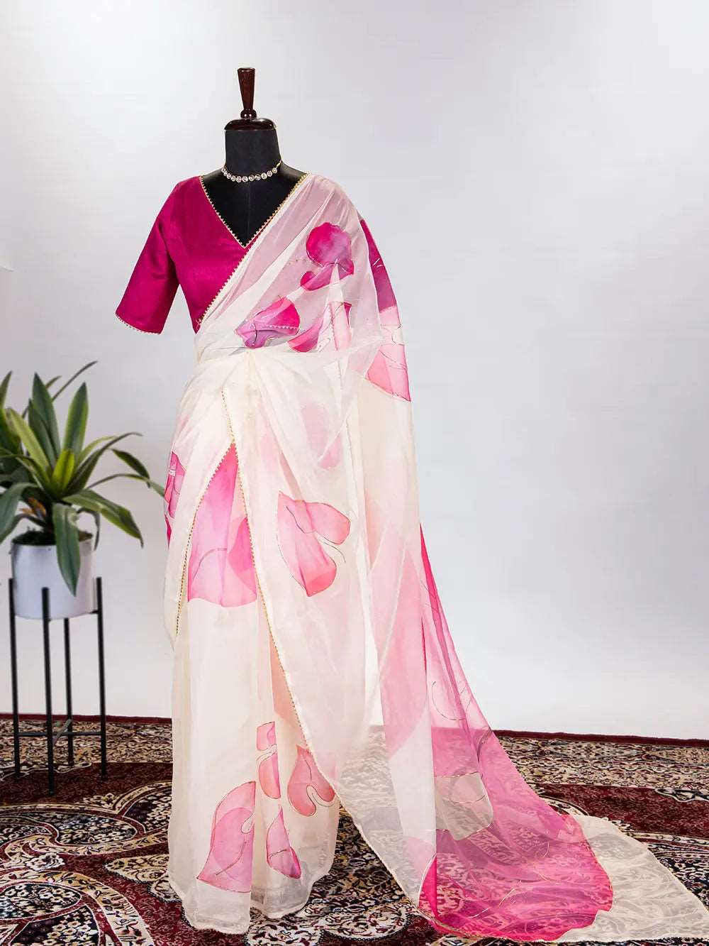 Baby Pink Color Floral & Foil Printed Organza Saree - Colorful Saree