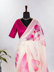 Baby Pink Color Floral & Foil Printed Organza Saree - Colorful Saree