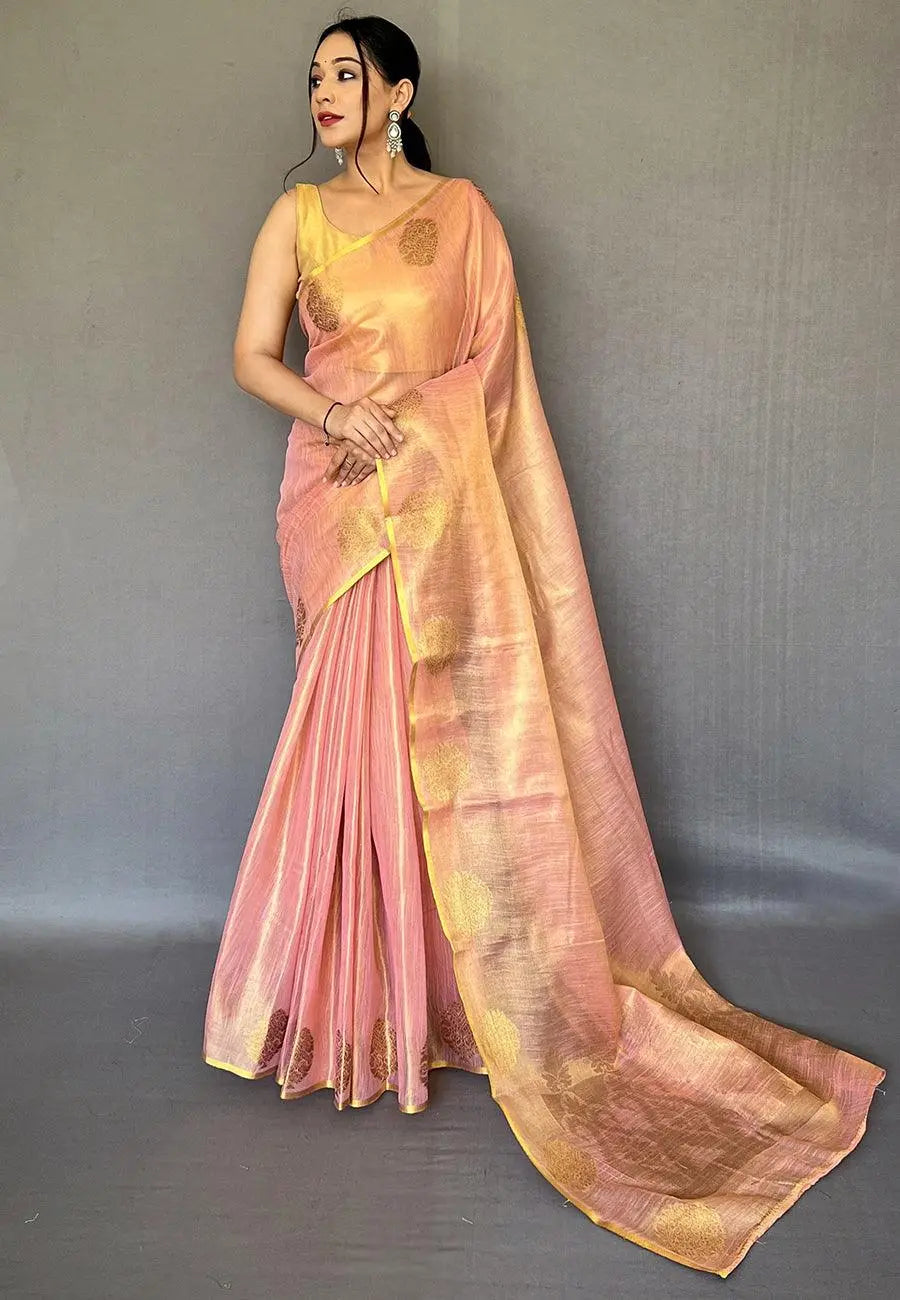 Baby Pink Saree in Banarasi Tissue Silk and Zari - Colorful Saree