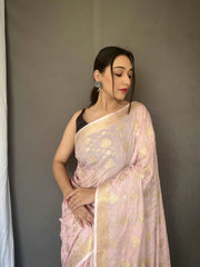 Baby Pink Saree in Cotton Muslin Woven - Colorful Saree