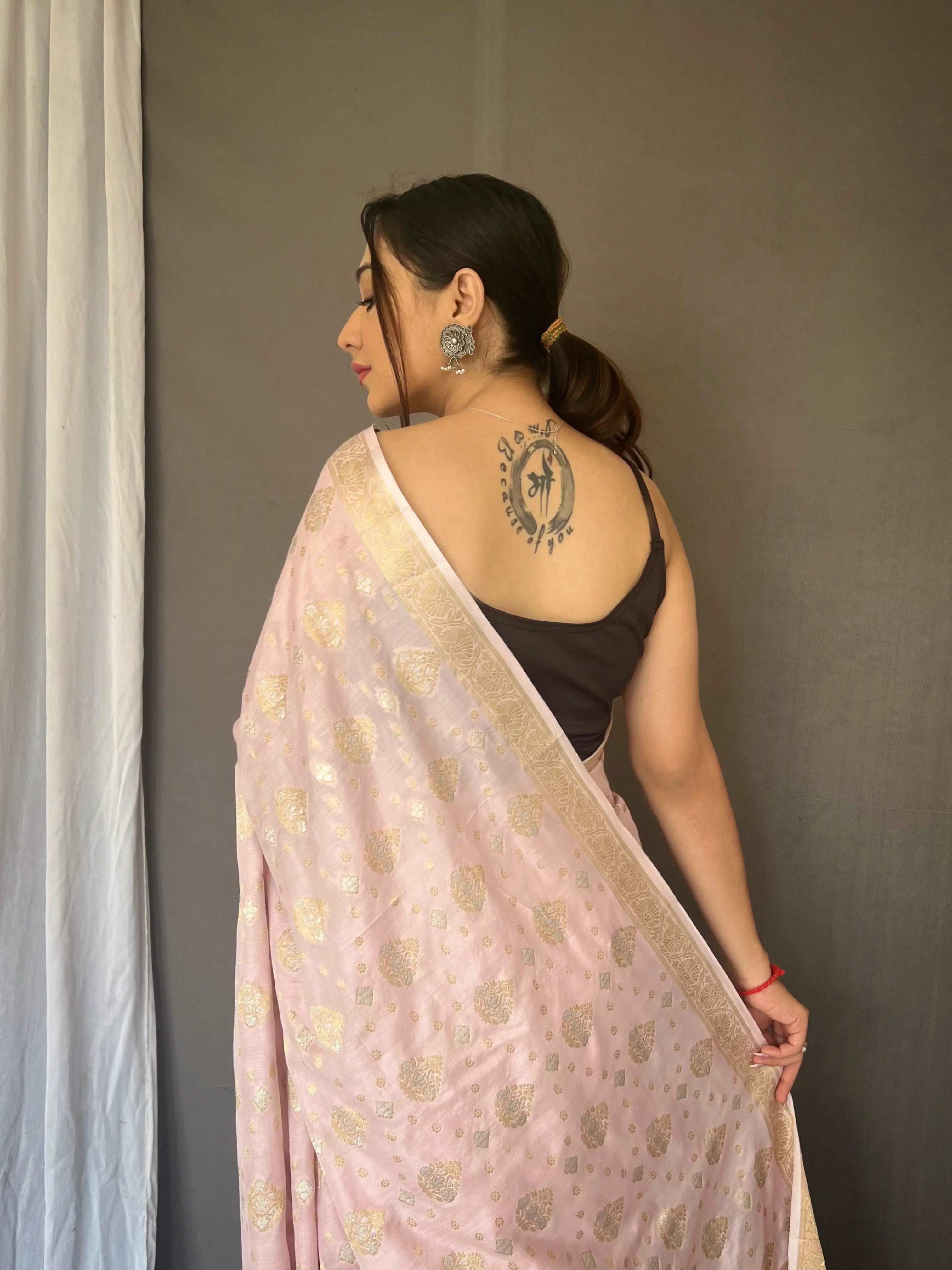 Baby Pink Saree in Cotton Muslin Woven - Colorful Saree