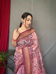 Baby Pink Saree in Cotton Printed Carpet Silk - Colorful Saree