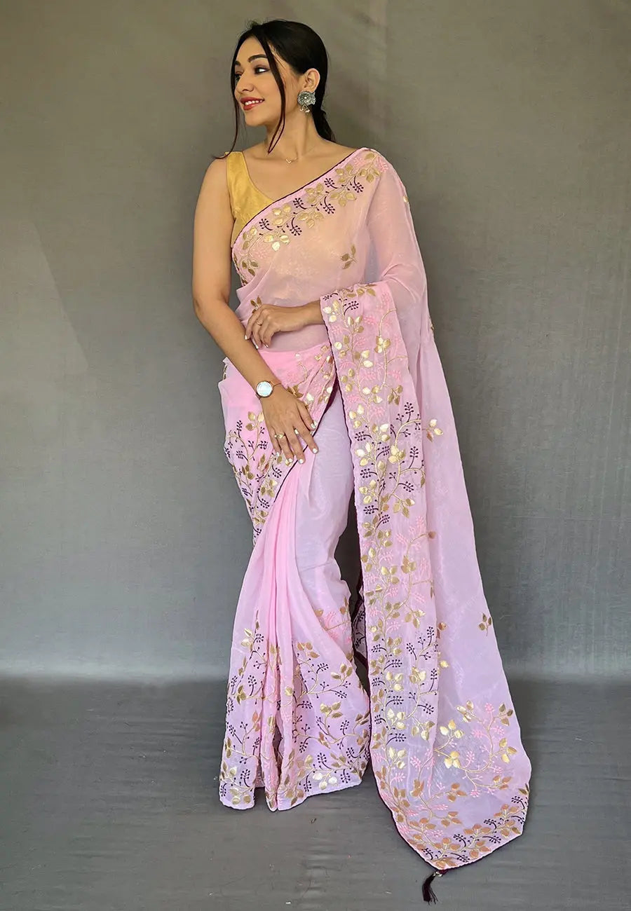 Baby Pink Saree in Shimmer with Gota Patti and Embroidered - Colorful Saree