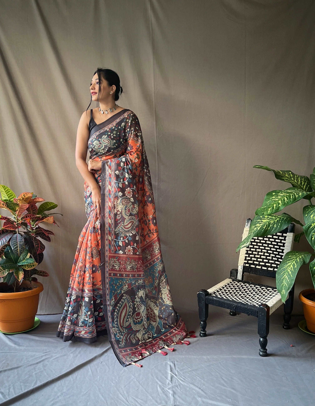 Basket Ball Orange color saree in Cotton Kalamkari Print - Colorful Saree