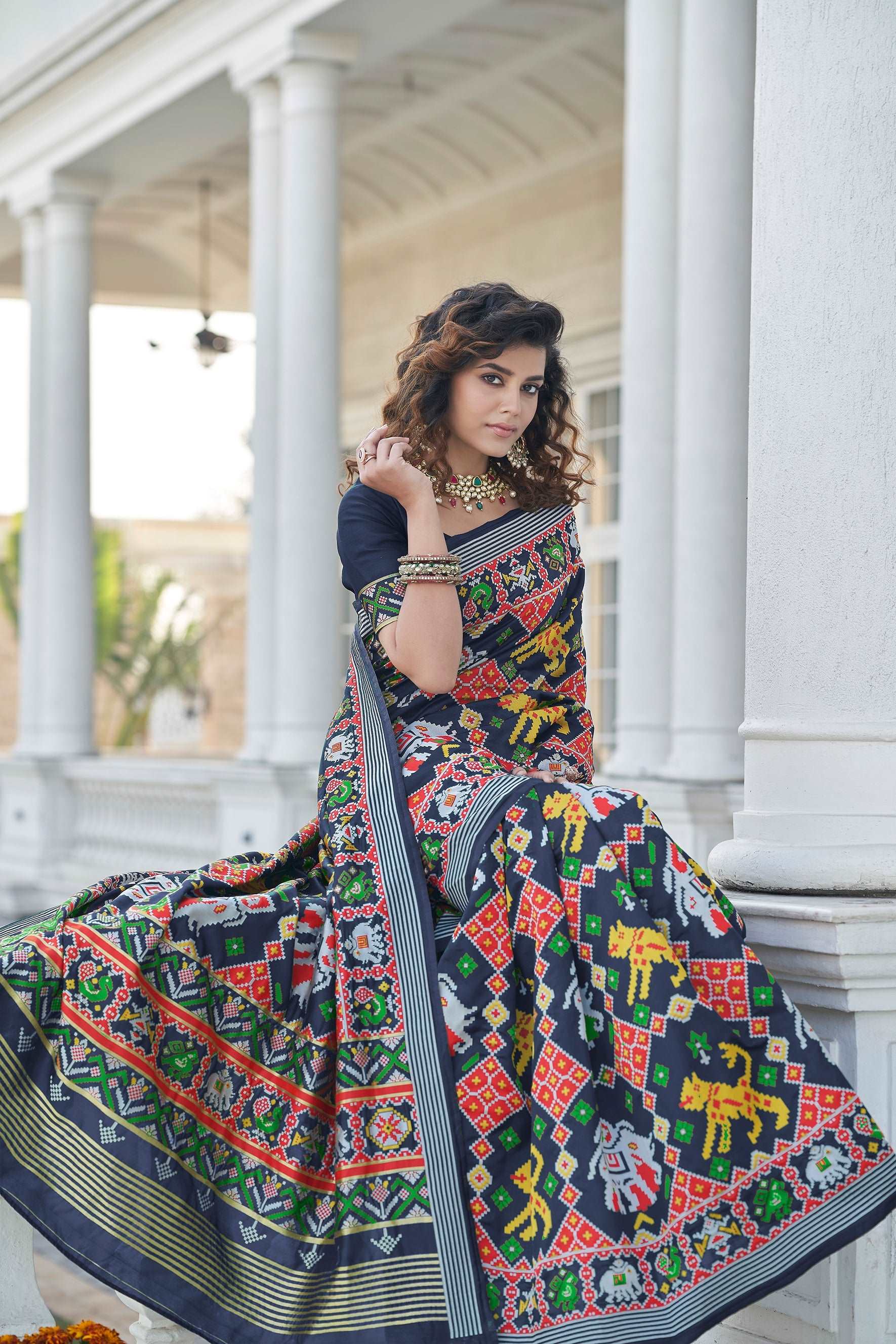 Beautiful Weaving Work Sangeet Wear Navy Blue Color Patola Style Saree In Art Silk Fabric - Colorful Saree