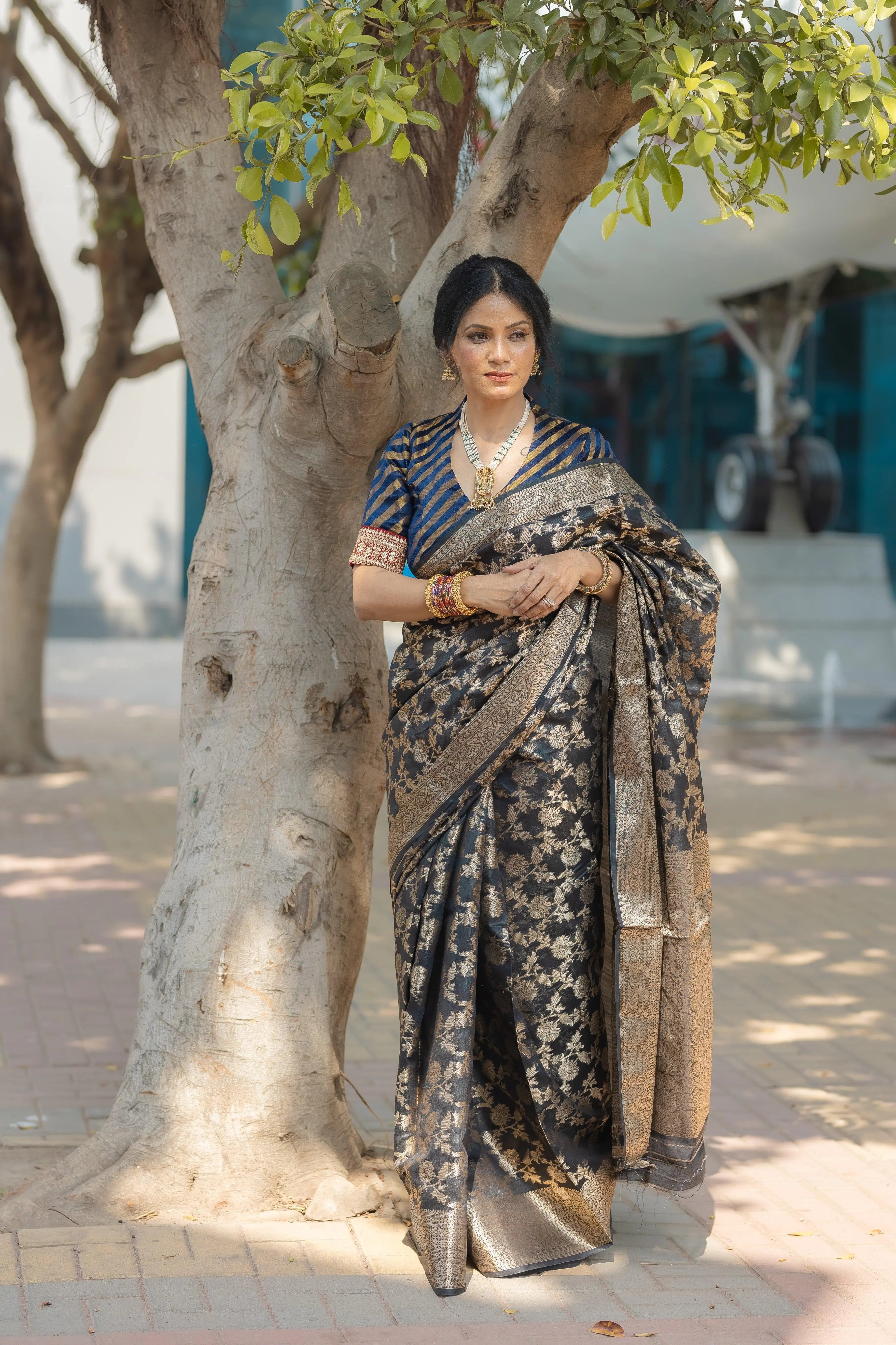 Black Cotton Saree in Linen - Colorful Saree