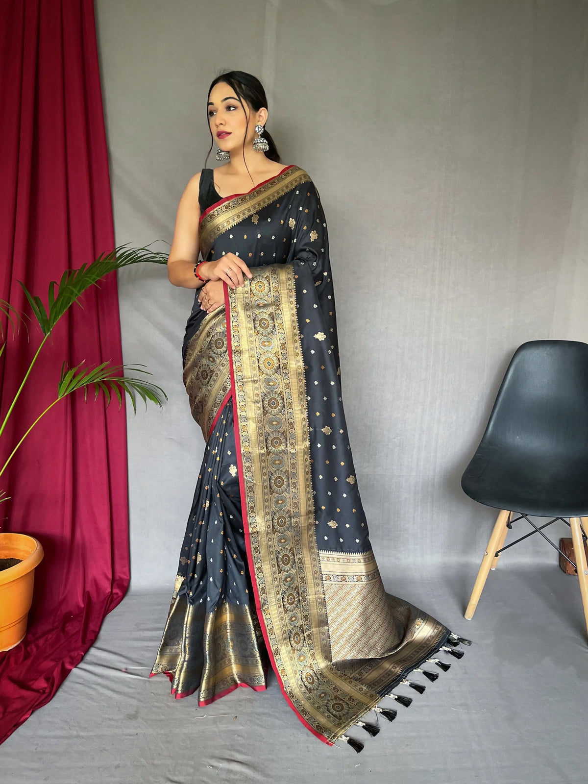 Black Saree in Soft Silk Woven and Multi Color Zari - Colorful Saree
