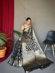 Black saree in Cotton Linen with Jaal Woven - Colorful Saree