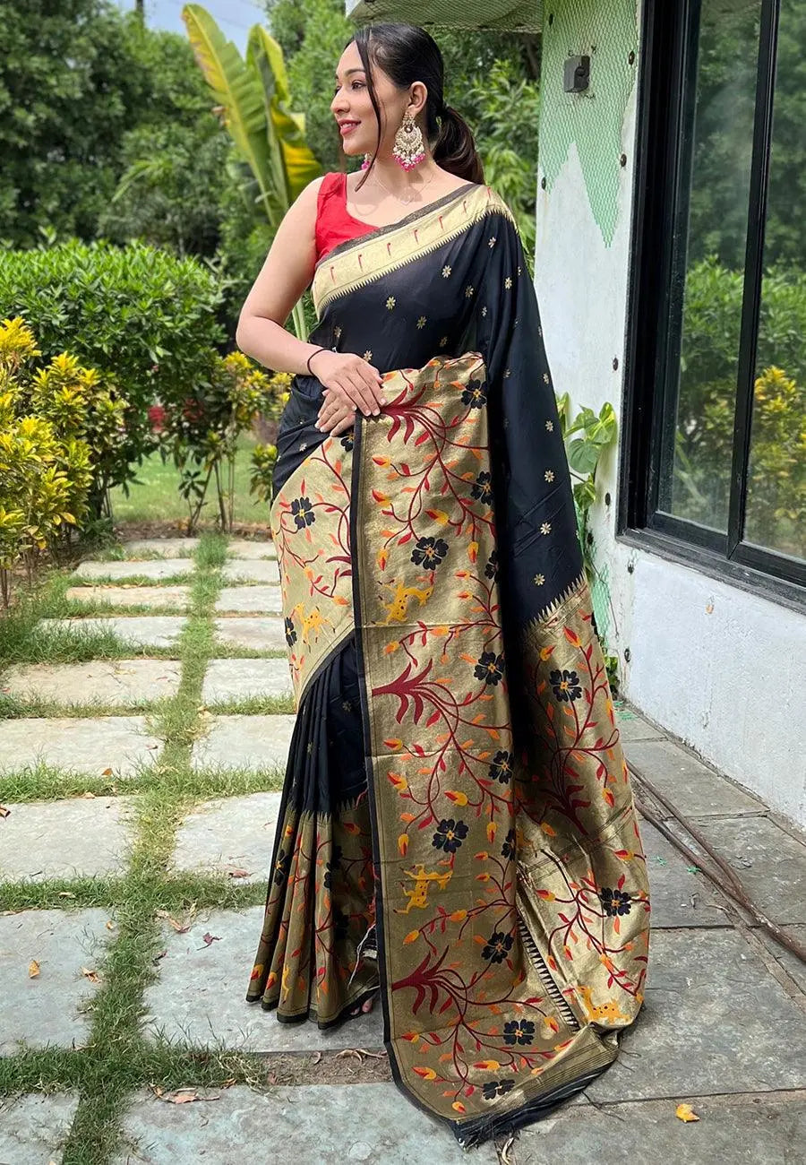 Black saree in Paithani with Big Border - Colorful Saree