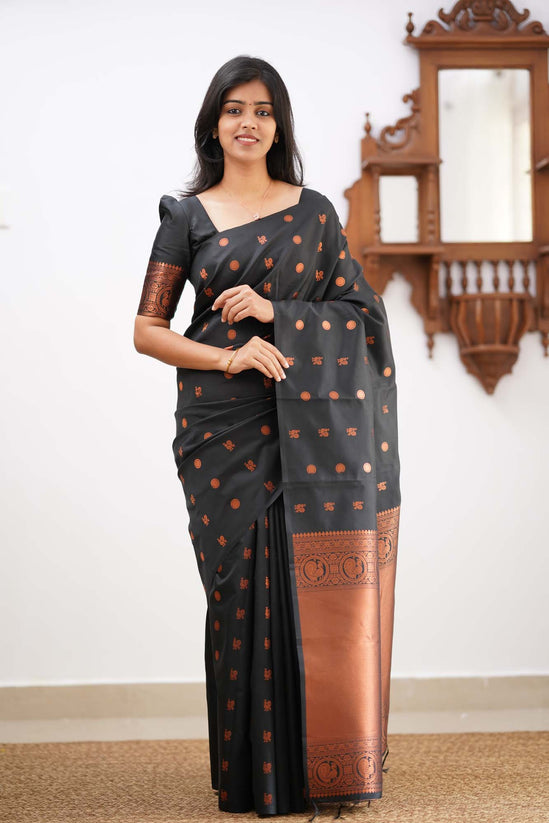 Banarasi Soft Silk Black Saree with Exquisite Copper Zari Weaving Colorful Saree