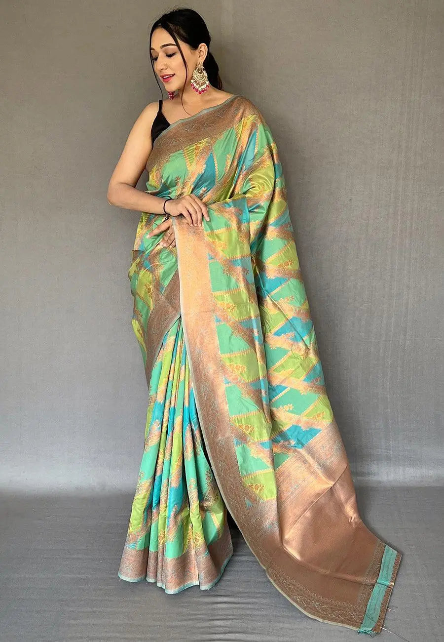 Blue Green Saree in Organza with Copper Zari - Colorful Saree