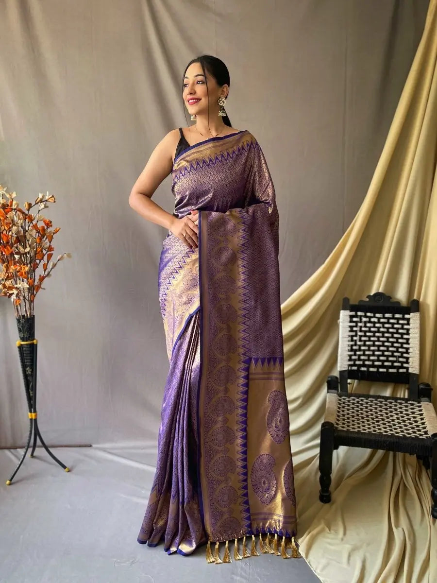 Blue Purple Saree in Pure Kanjeevaram Silk Woven - Colorful Saree