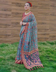 Blue Saree in Cotton Kalamkari Print - Colorful Saree