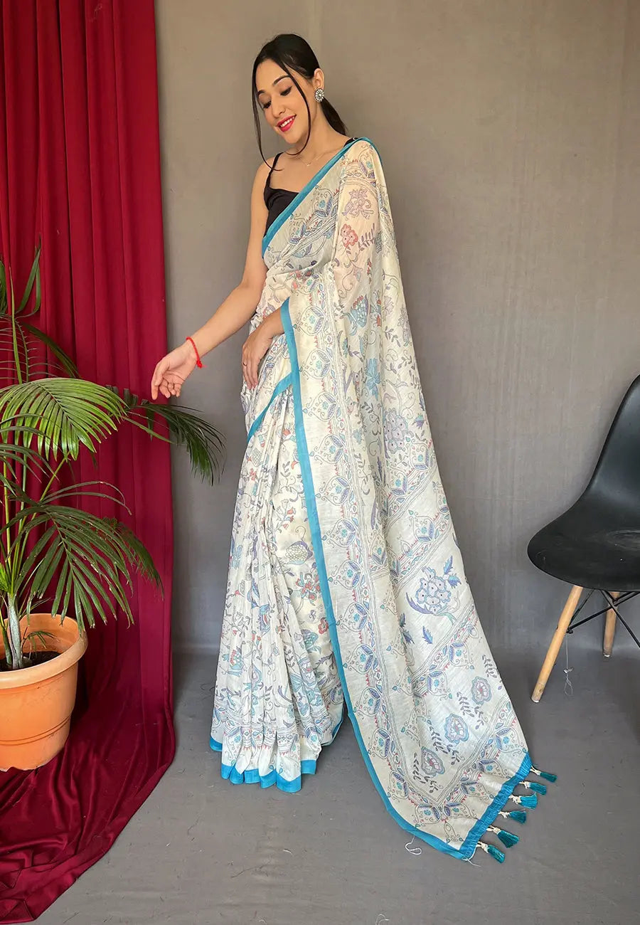 Blue Saree in Cotton Katha Print - Colorful Saree