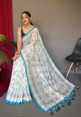 Blue Saree in Cotton Katha Print - Colorful Saree