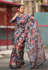 Blue Saree in Linen Cotton with Kalamkari Print - Colorful Saree