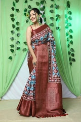 Blue with Brown saree in Patola Print - Colorful Saree