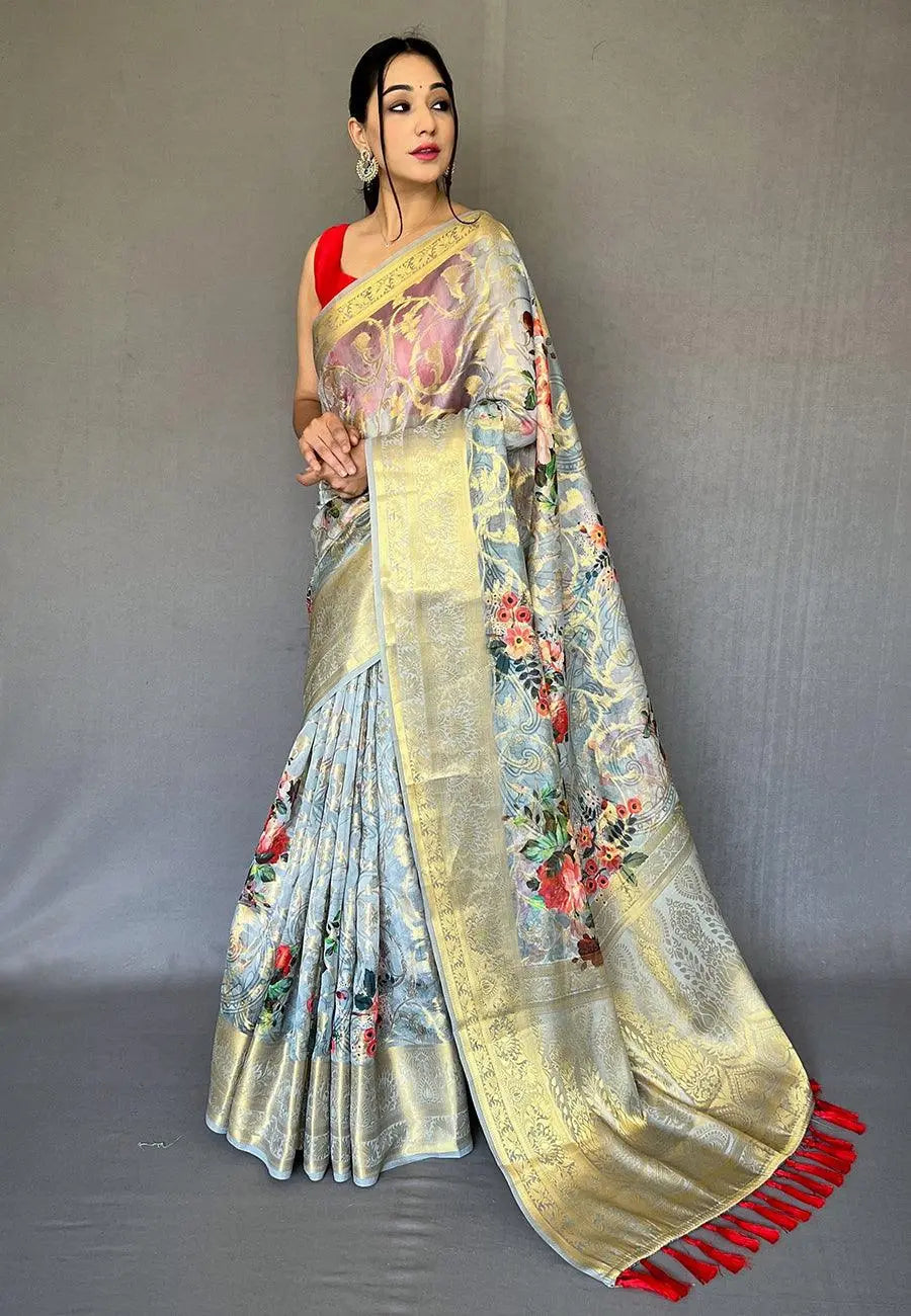 Bluish Grey Saree in Banarasi Kora Organza with Digital Print - Colorful Saree