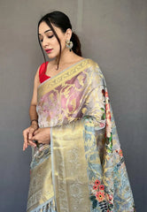 Bluish Grey Saree in Banarasi Kora Organza with Digital Print - Colorful Saree