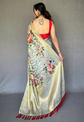 Bluish Grey Saree in Banarasi Kora Organza with Digital Print - Colorful Saree