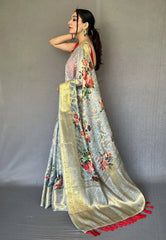 Bluish Grey Saree in Banarasi Kora Organza with Digital Print - Colorful Saree