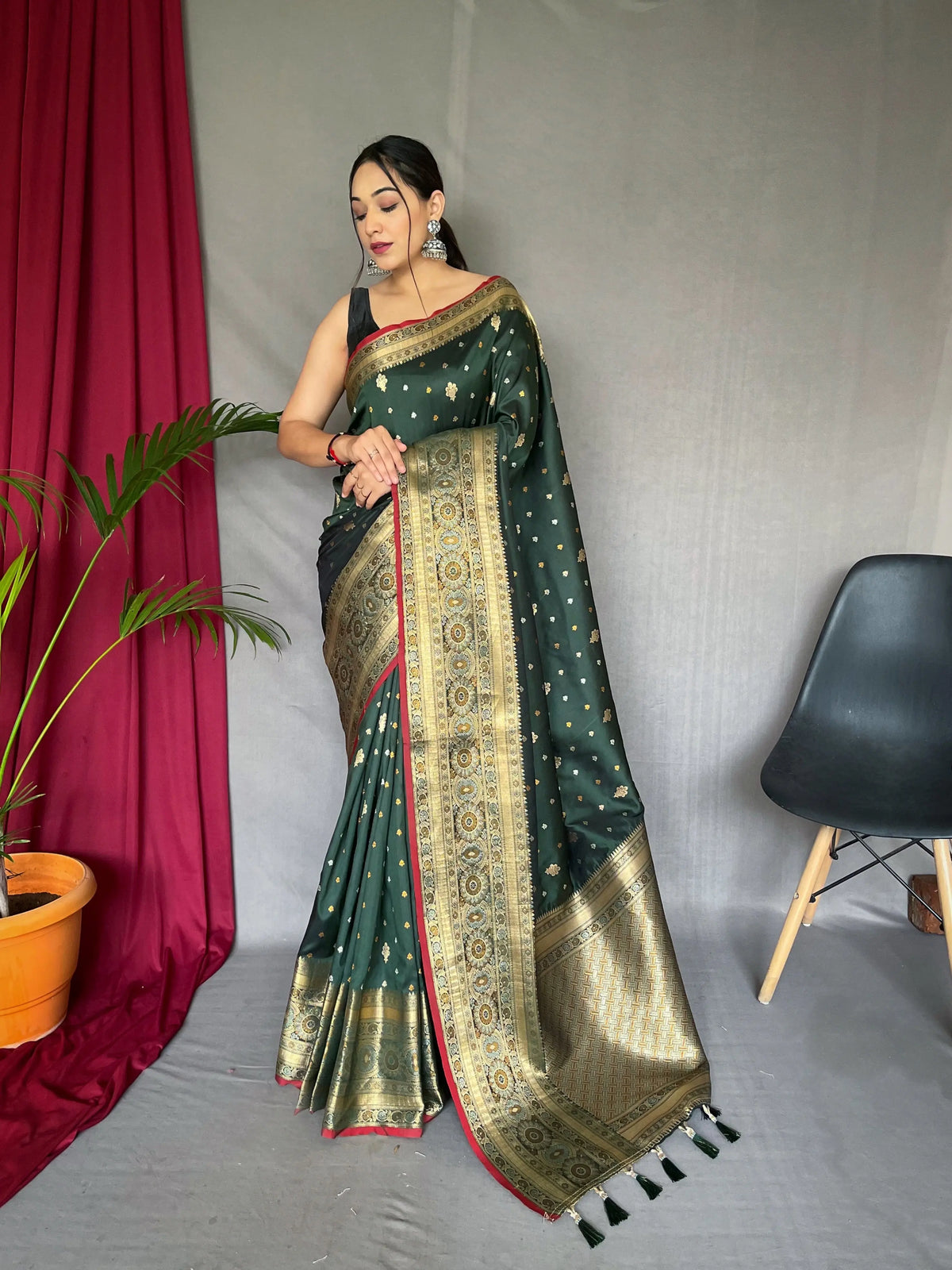 Bottle Green Saree in Soft Silk Woven and Multi Color Zari - Colorful Saree