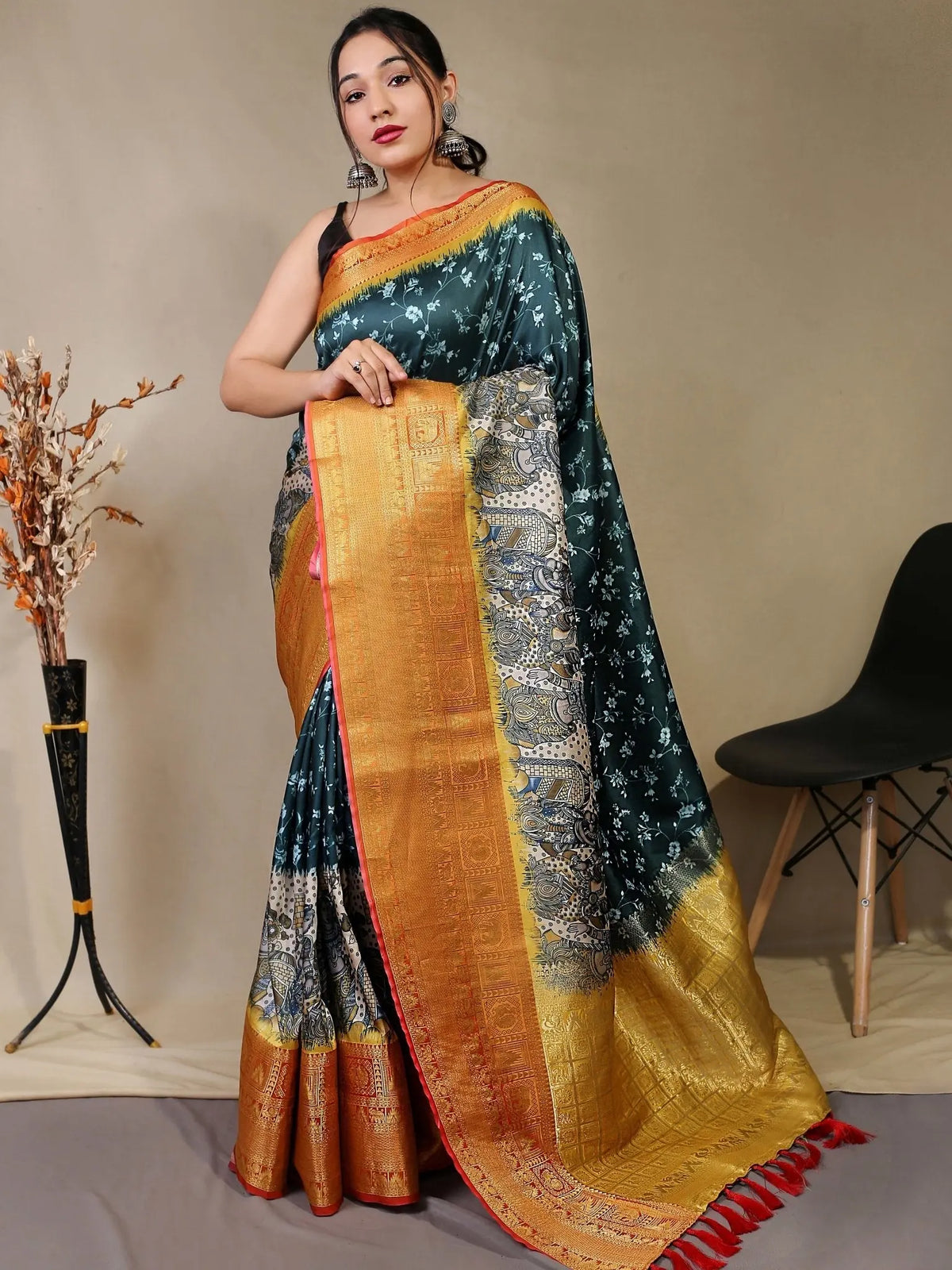 Bottle Green saree in Floral Kalamkari Print - Colorful Saree